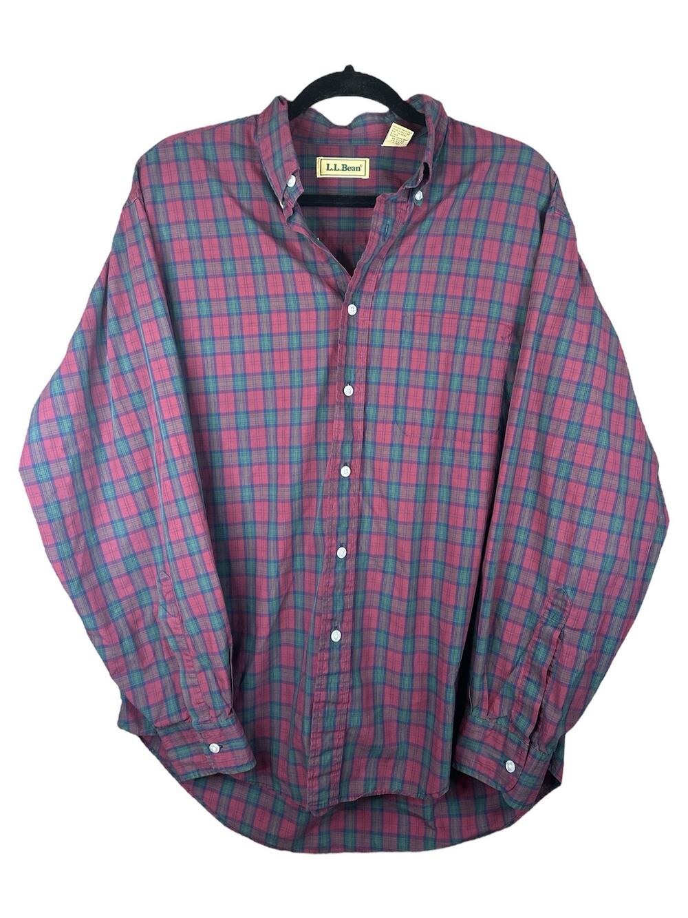 Vintage L.L. Bean Maroon Green Plaid Button Down Long Sleeve Shirt Size Large